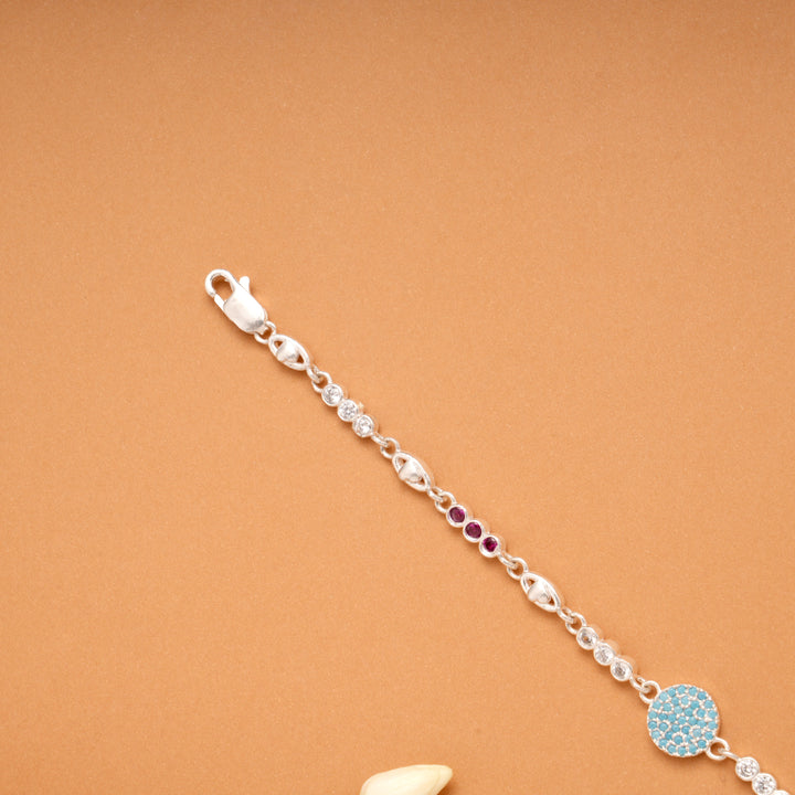 Blue Floral Circle Charm Silver Bracelet