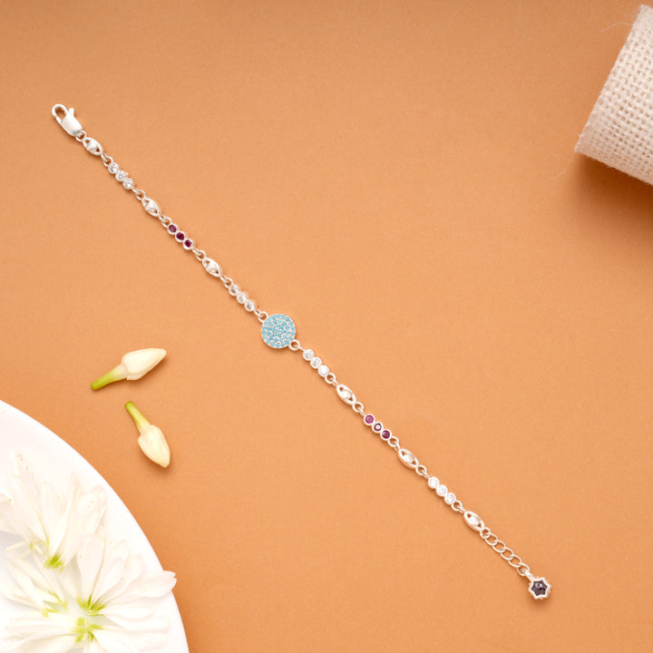 Blue Floral Circle Charm Silver Bracelet