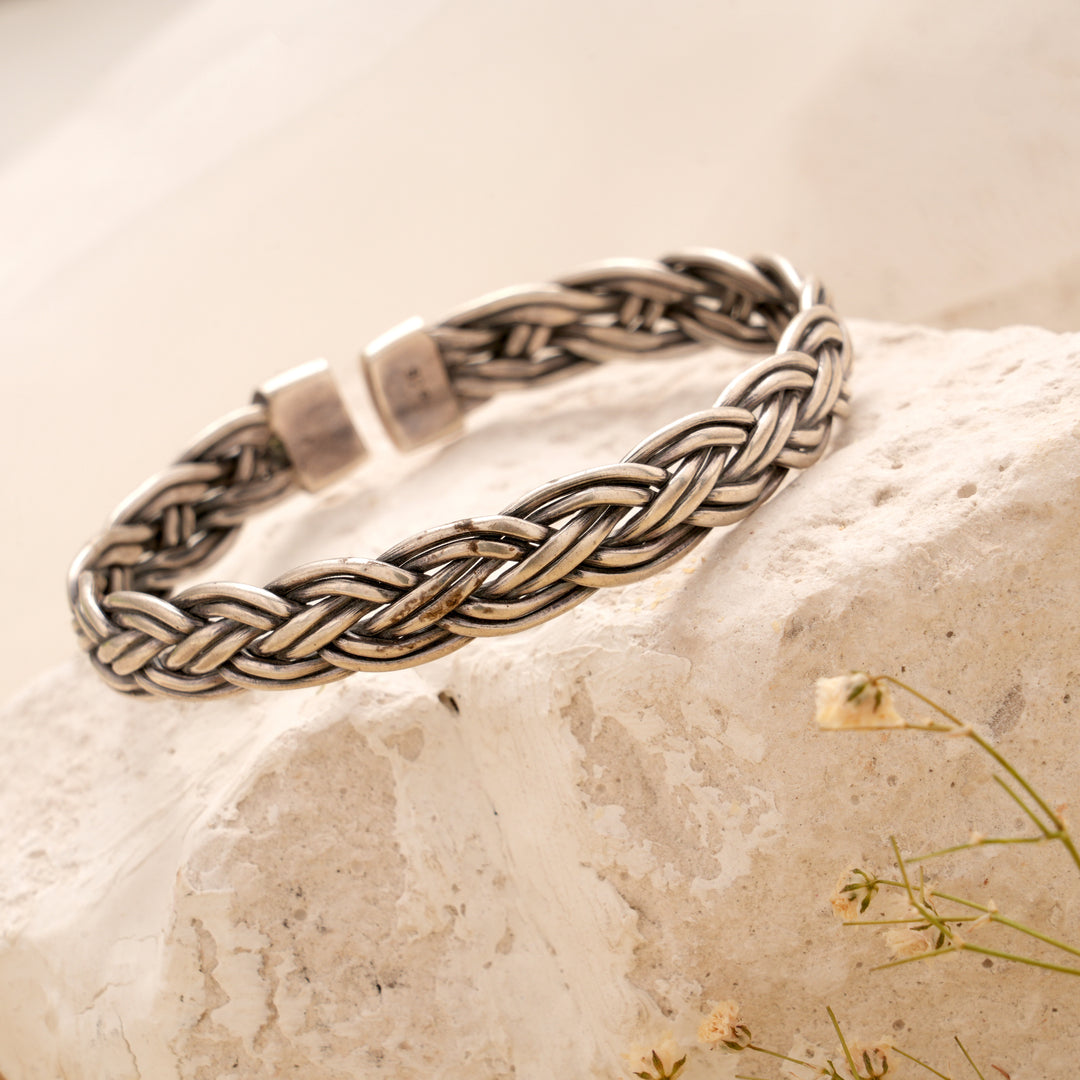 Oxidised Braided Design Open Band Bracelet