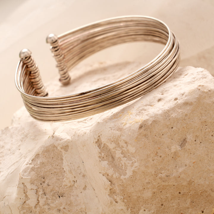 Modern Textured Silver Open Band Bracelet