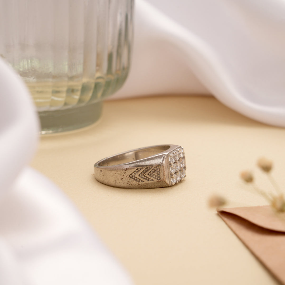 Square Head Nine Stone Men’s Silver Ring
