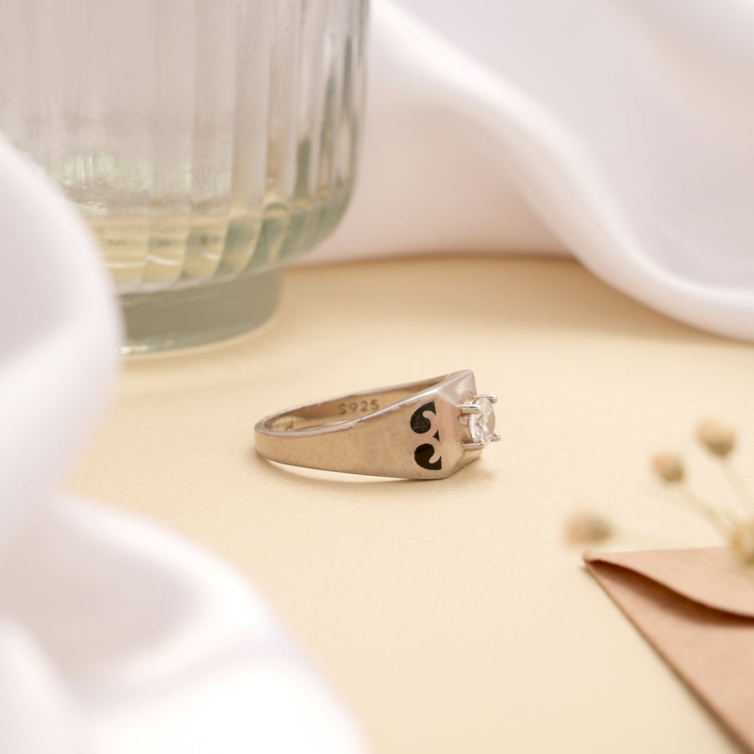 Geometric Design Single Solitaire Silver Ring