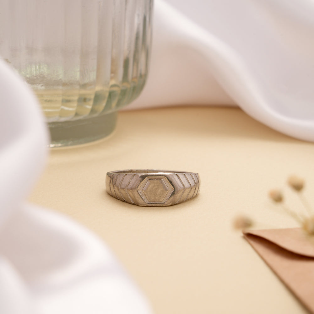 Hexagonal Pattern Men’s Silver Ring