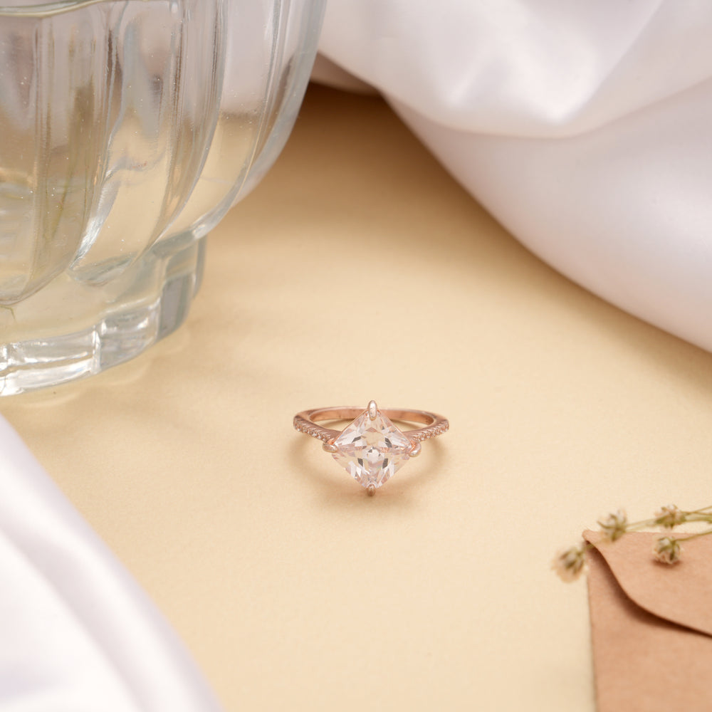 Elegant Princess Cut Morganite Stone Silver Ring