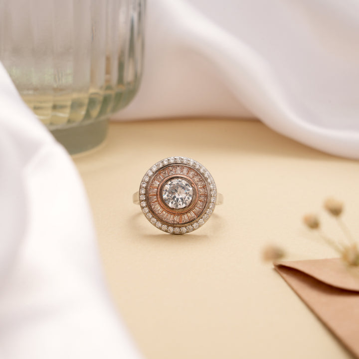 Vintage Sparkling Stone Halo Design Silver Ring
