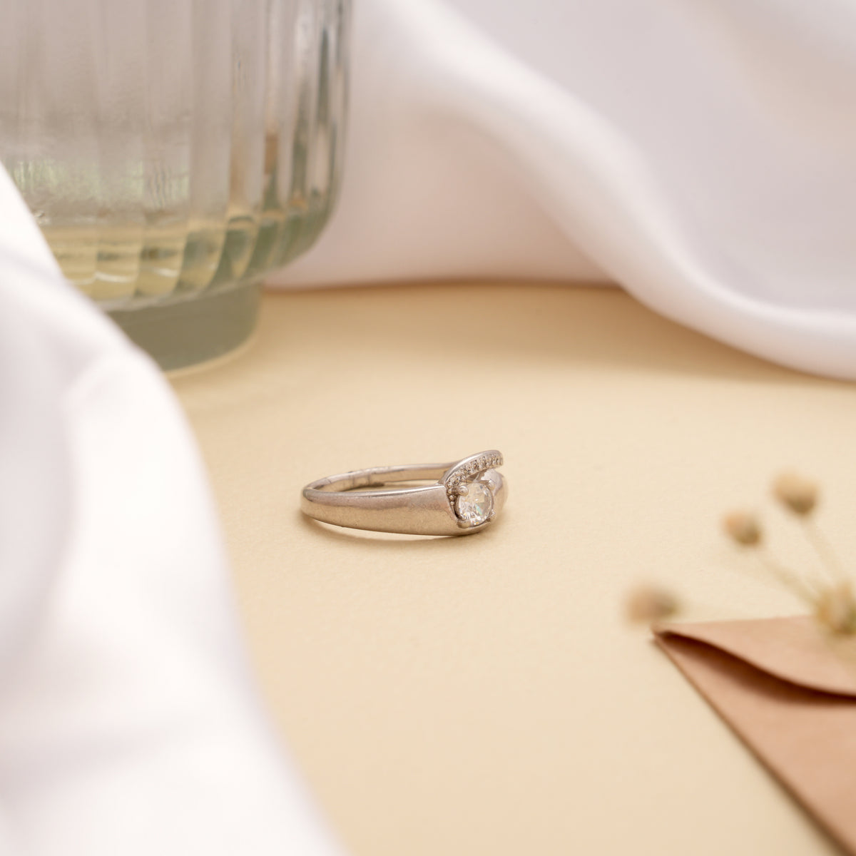 Curved Design White Stone Silver Ring