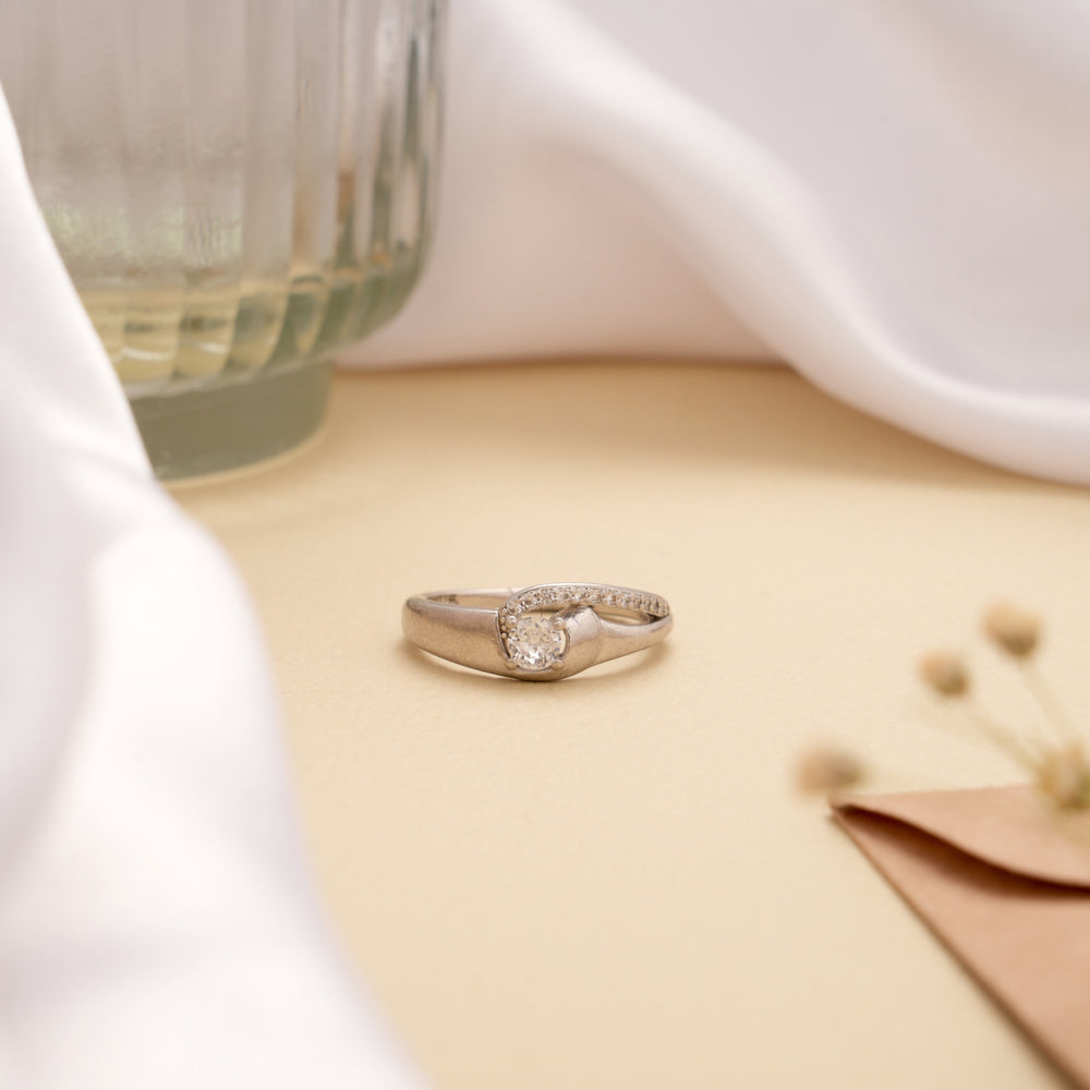Curved Design White Stone Silver Ring