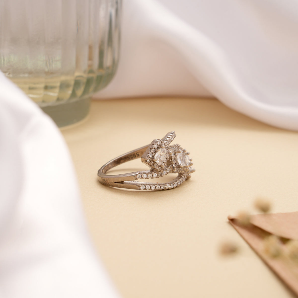 Triple Square White Stone Multi Band Silver Ring