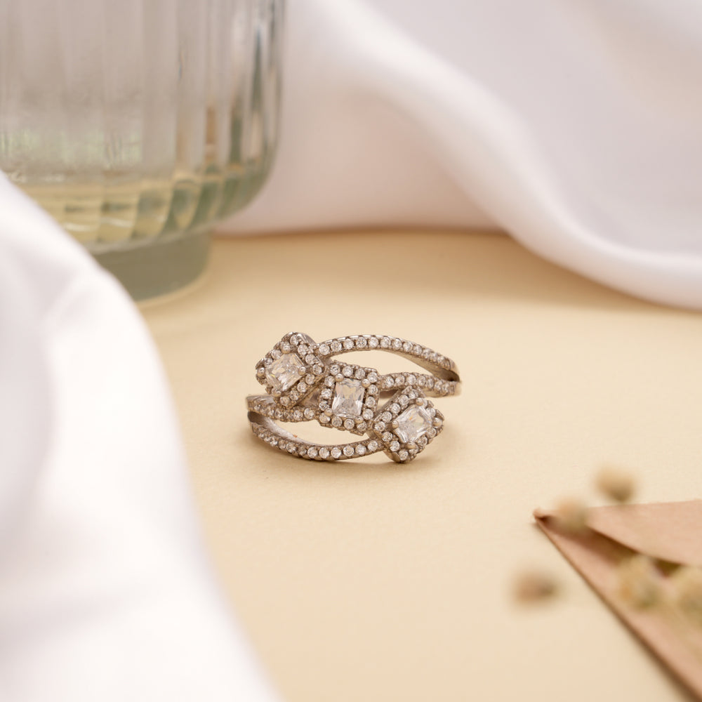 Triple Square White Stone Multi Band Silver Ring
