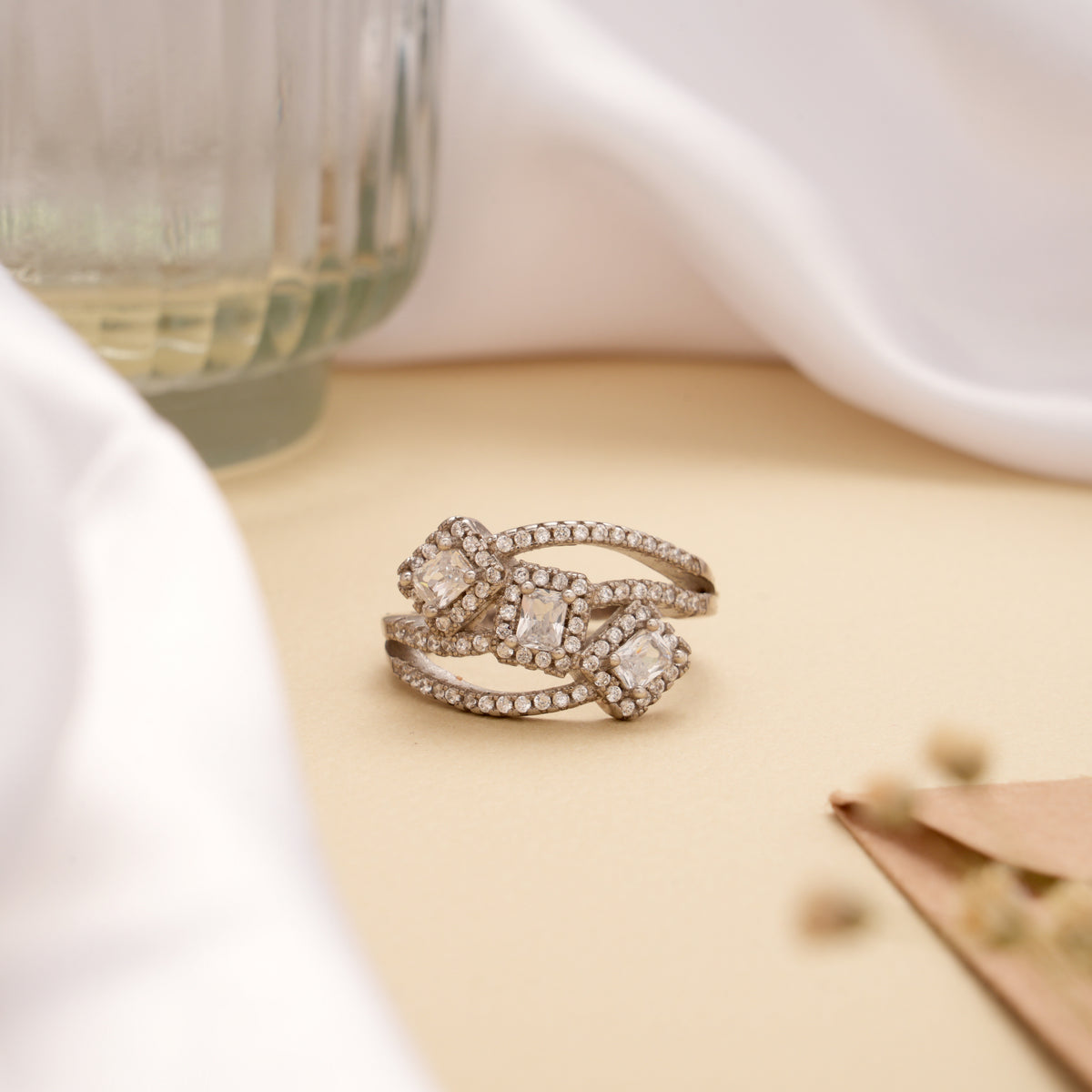 Triple Square White Stone Multi Band Silver Ring