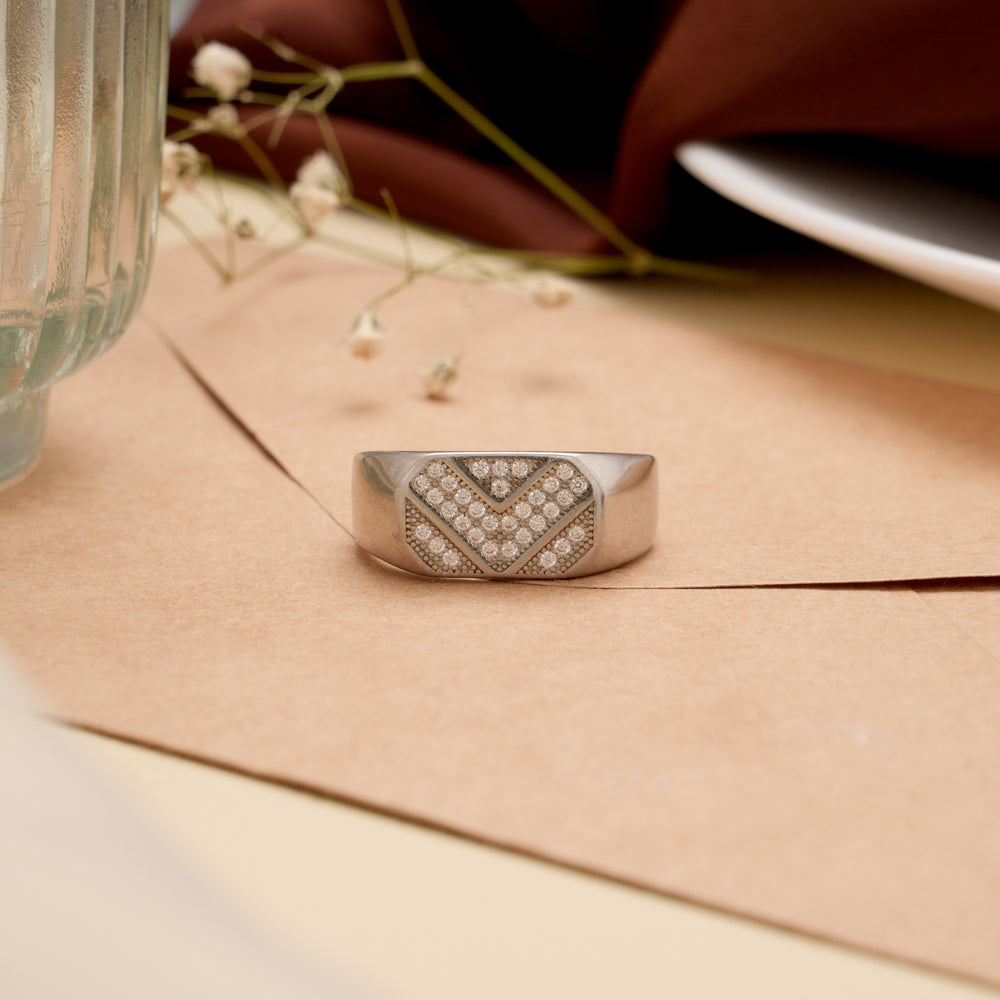 V Shaped White Stone Men’s Silver Ring