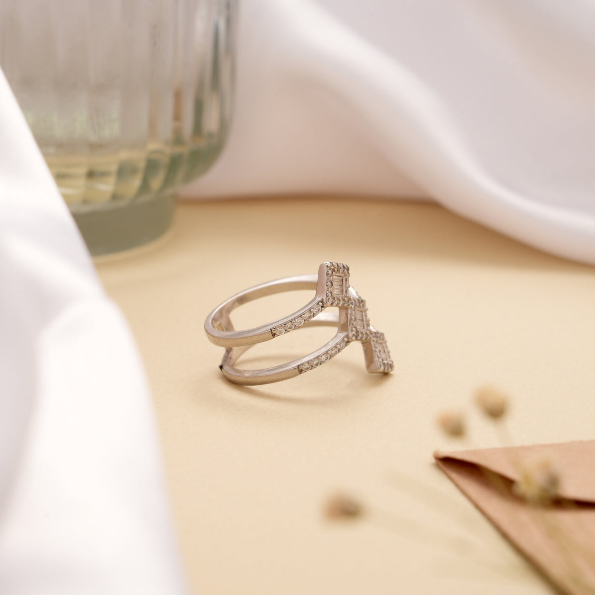 Triple Square Layer Cut White Stone Silver Ring