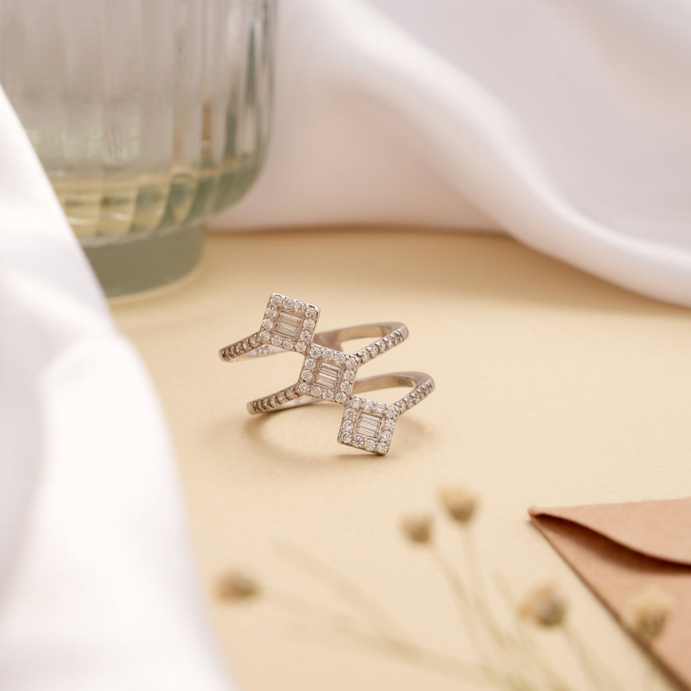 Triple Square Layer Cut White Stone Silver Ring
