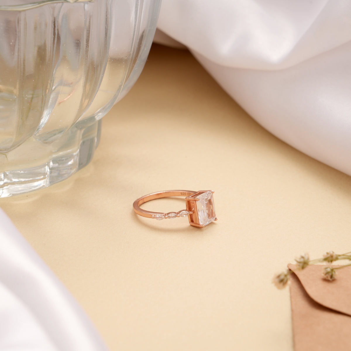 Single Rectangular White Stone Rose Golden Ring