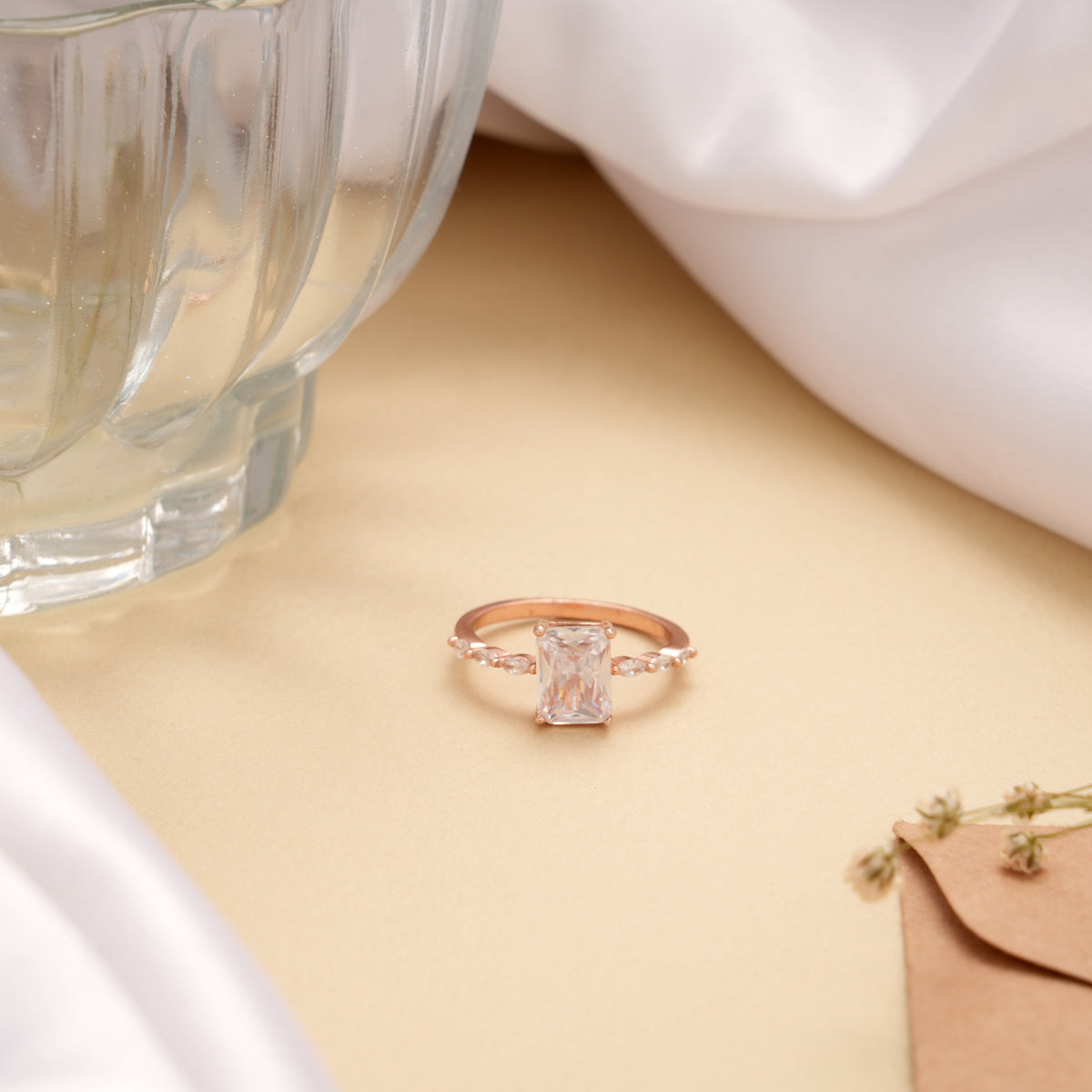 Single Rectangular White Stone Rose Golden Ring