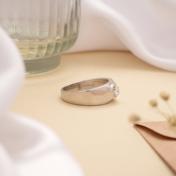 Central White Bezel Set Silver Ring