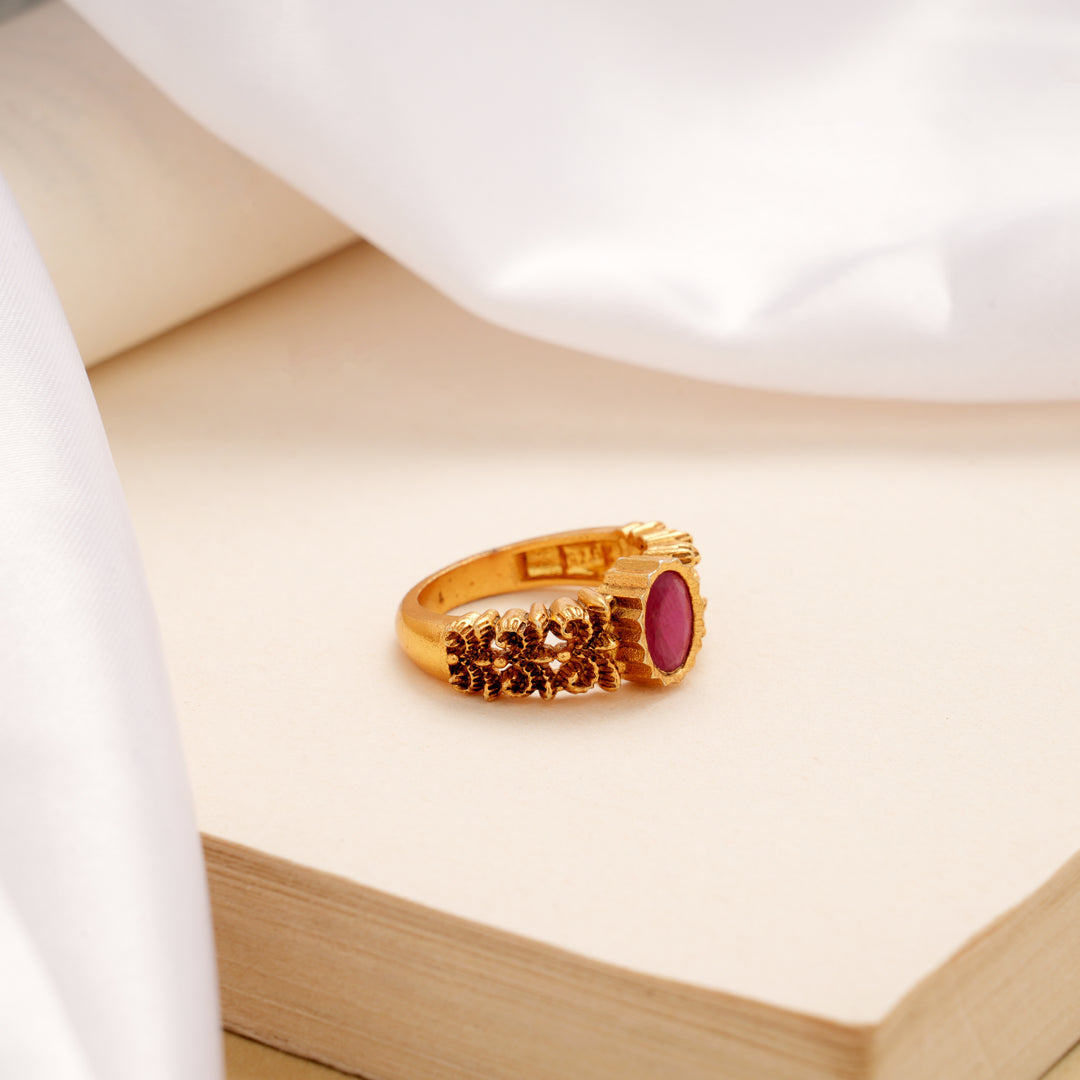Oval Ruby Stone Engraved Golden Ring