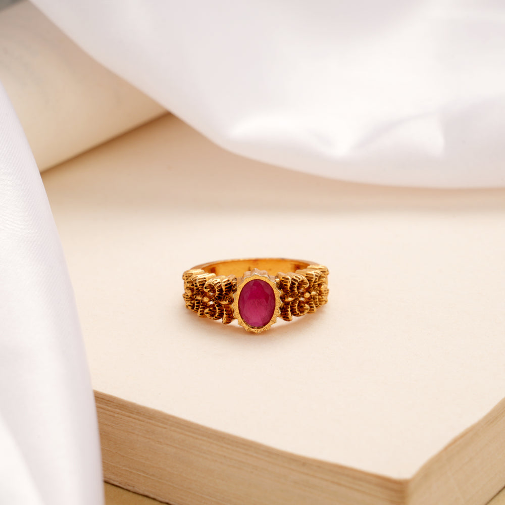 Oval Ruby Stone Engraved Golden Ring