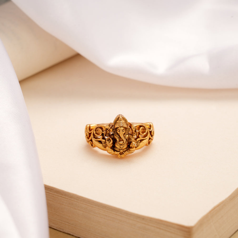 Lord Ganesha Engraved Design Golden Ring