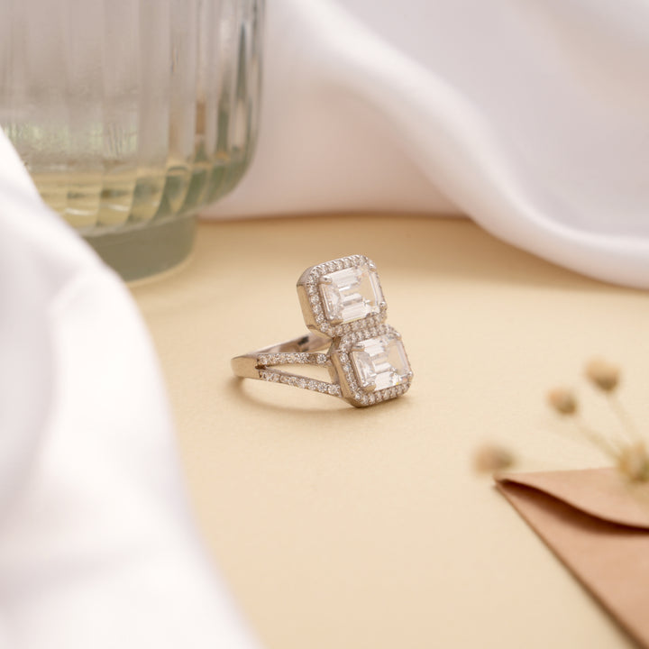 Elegant Dual Halo White Stone Silver Ring