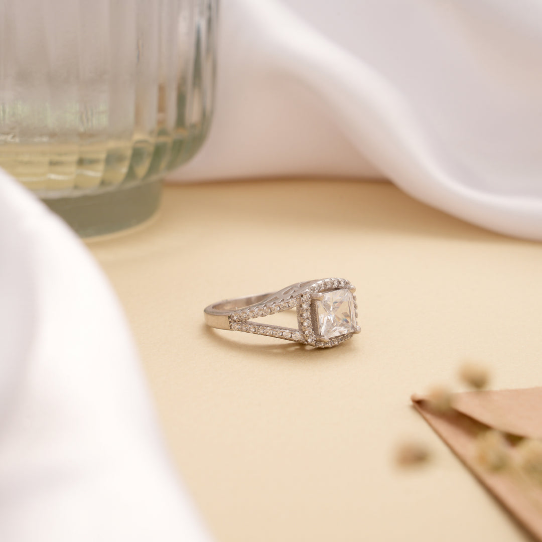 Pretty Princess Cut Halo Silver Ring