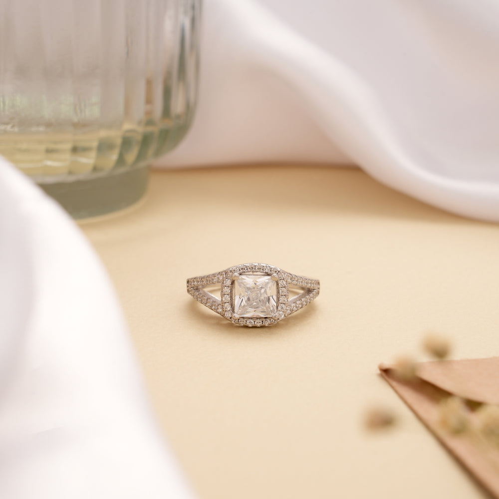 Pretty Princess Cut Halo Silver Ring
