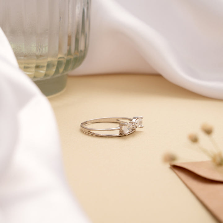 Dual Pear Shape White Stone Silver Ring