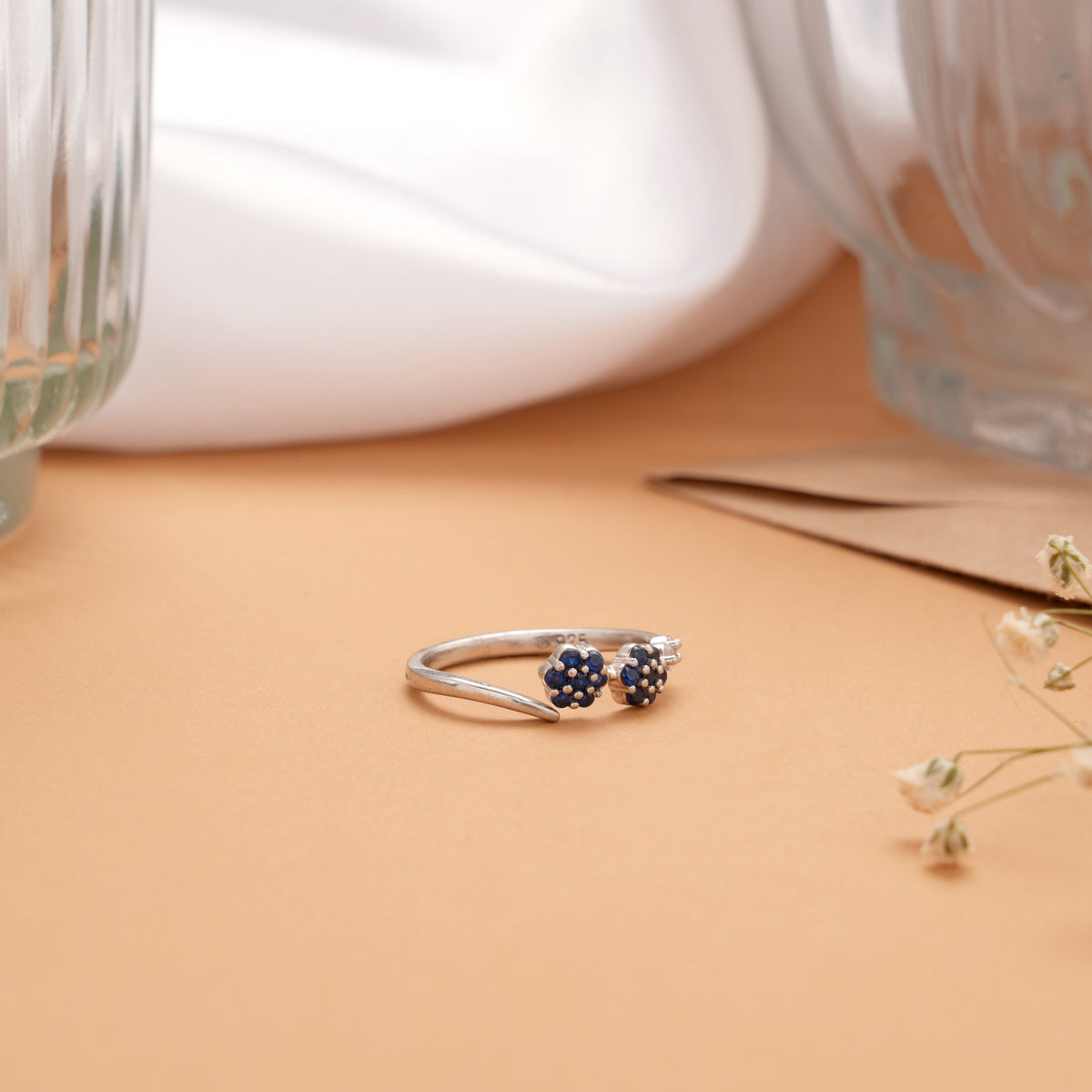 Dual Flower Blue Stone Silver Ring