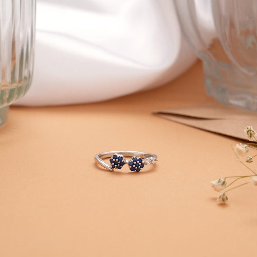 Dual Flower Blue Stone Silver Ring