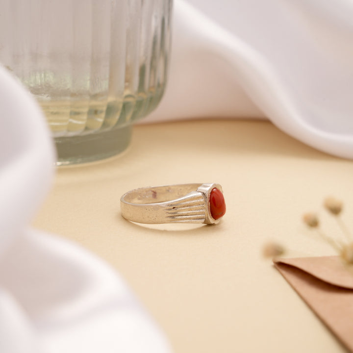 Traditional Red Coral Stone Silver Ring