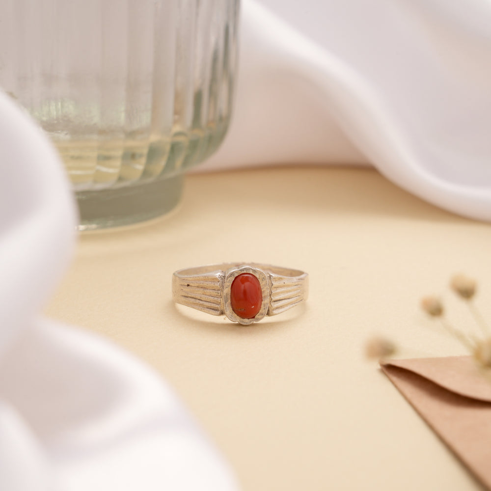Traditional Red Coral Stone Silver Ring