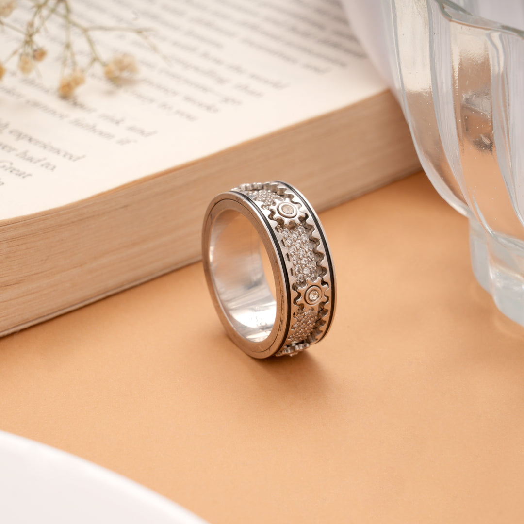 Unique Silver Gear Spinner Band Rotatable Ring