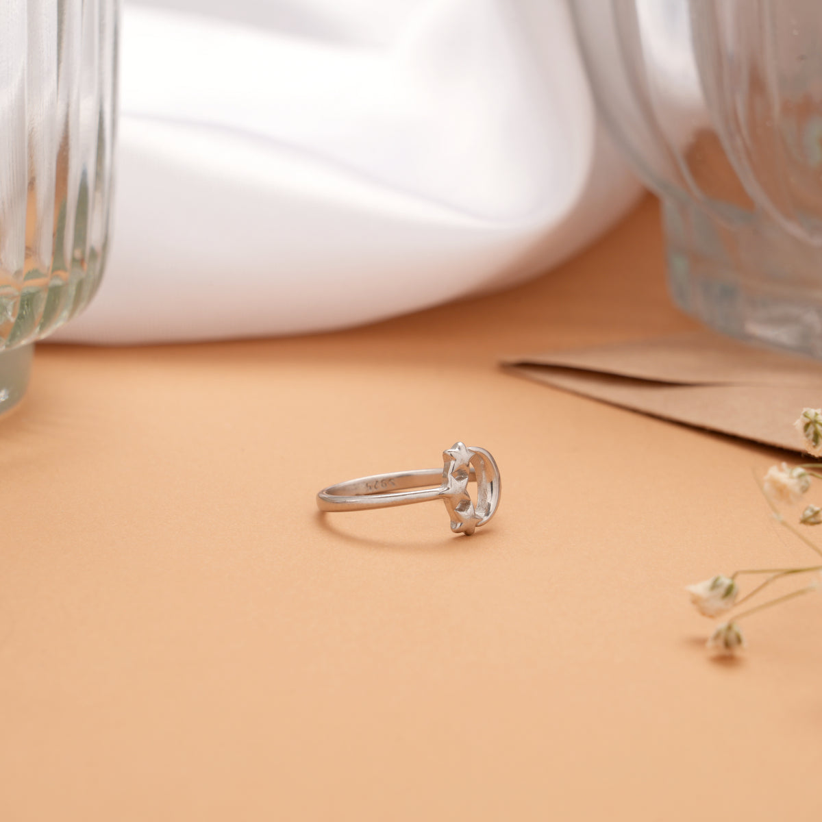 Tiny Charm Moon Triple Star Silver Ring