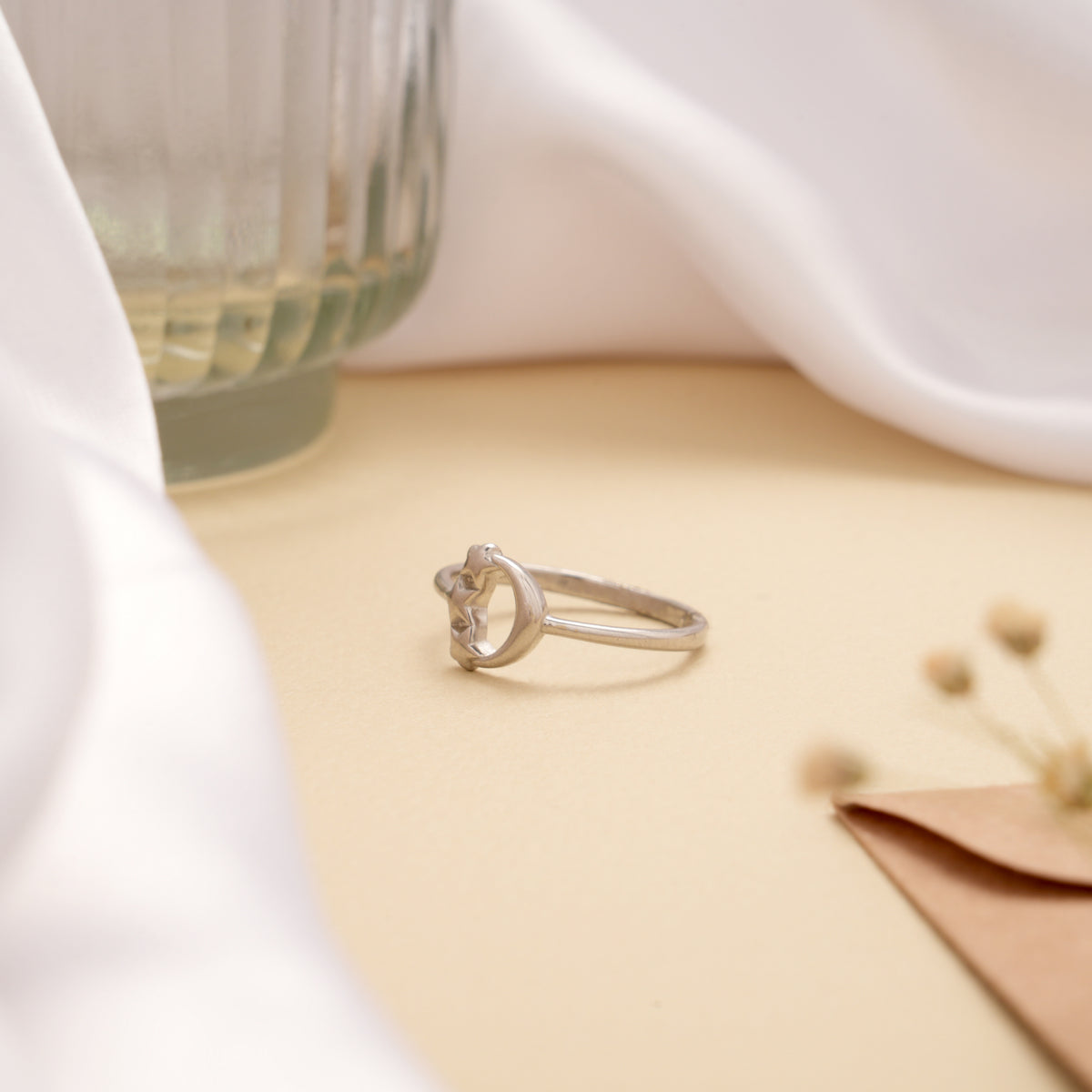 Cute Crescent Moon Triple Star Silver Ring
