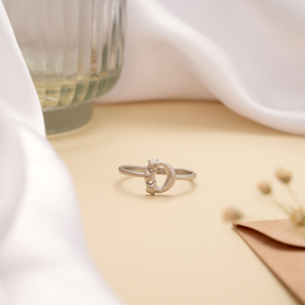 Cute Crescent Moon Triple Star Silver Ring