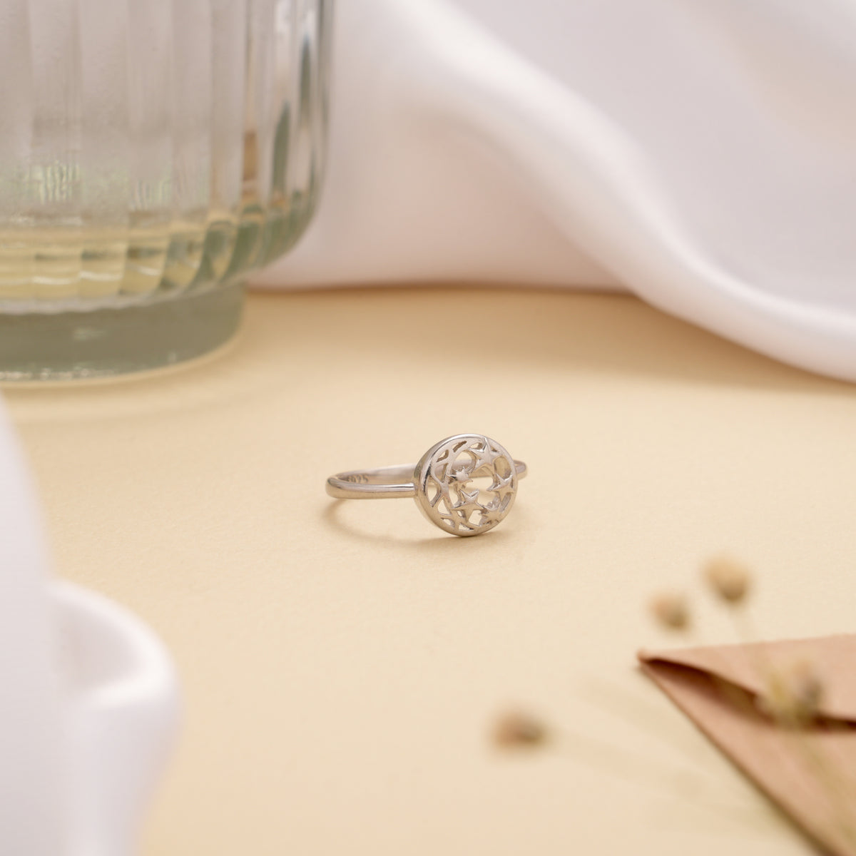 Crescent Moon with Stars Silver Ring