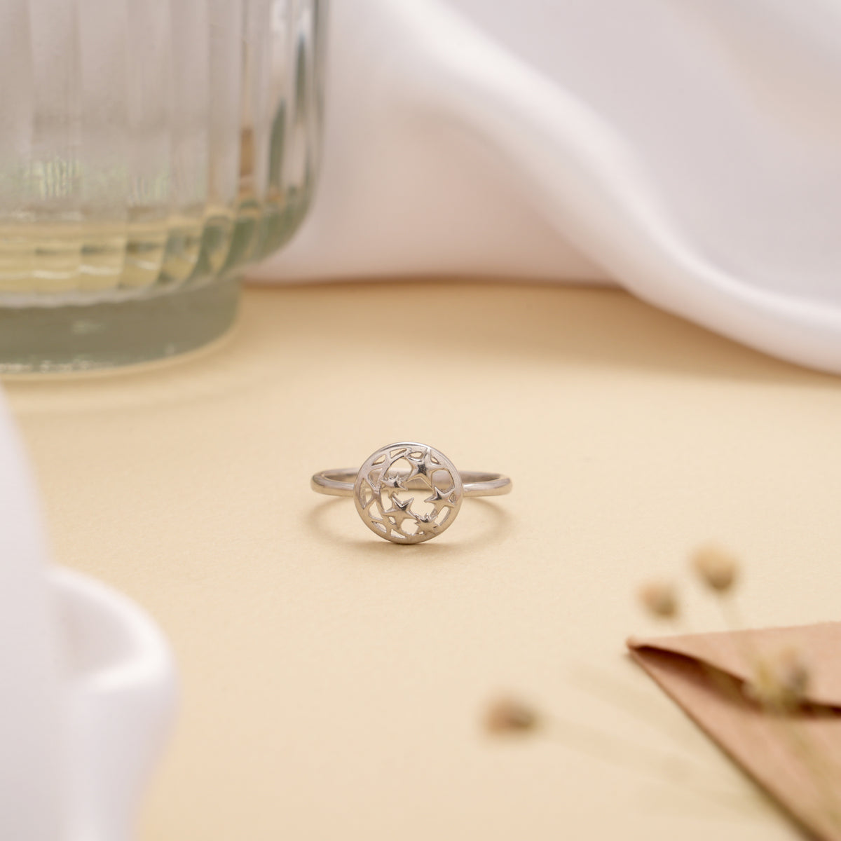 Crescent Moon with Stars Silver Ring