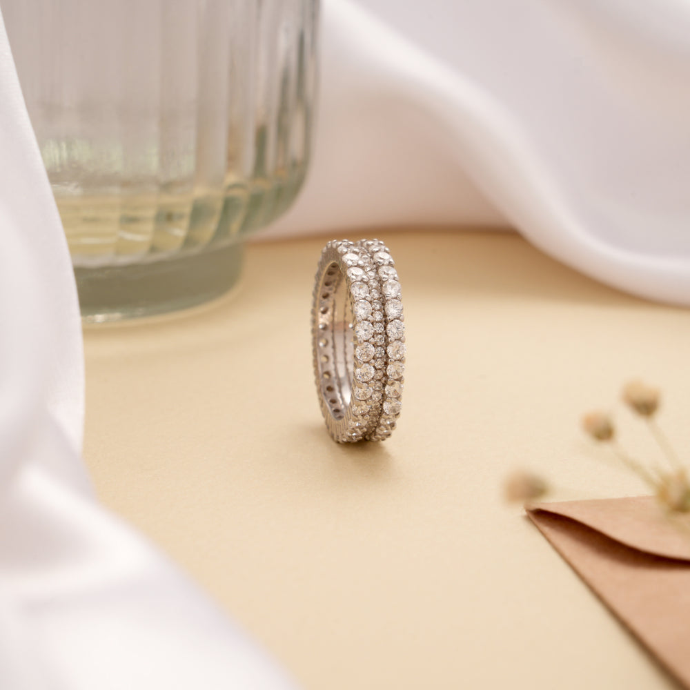 Sparkling White Stone Band Design Silver Ring