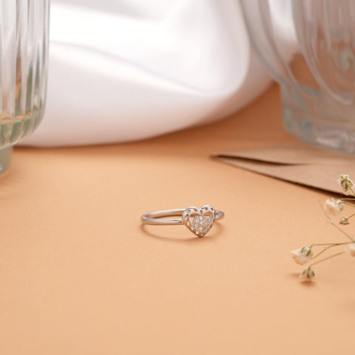 Minimal White Stone Hollow Heart Silver Ring