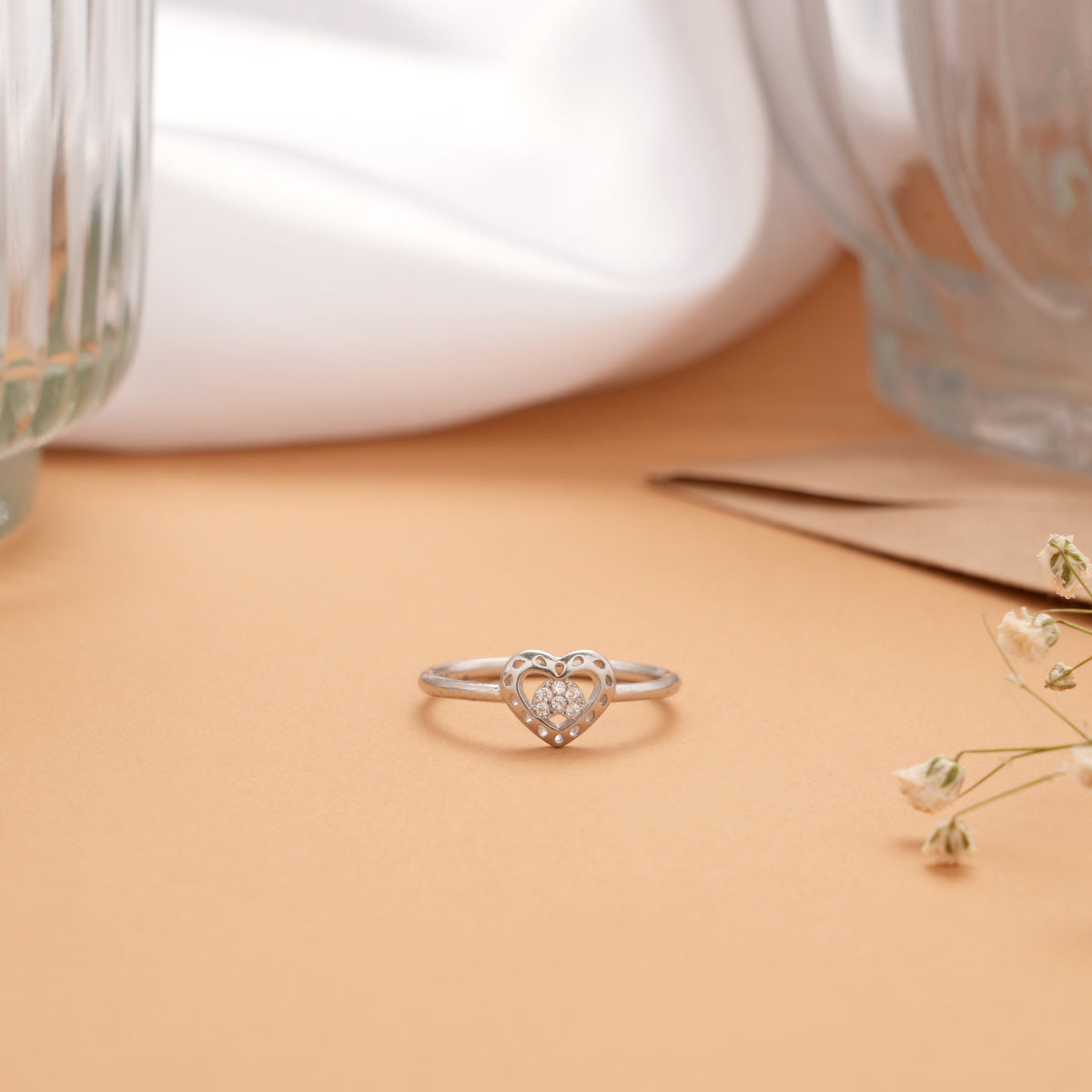 Minimal White Stone Hollow Heart Silver Ring