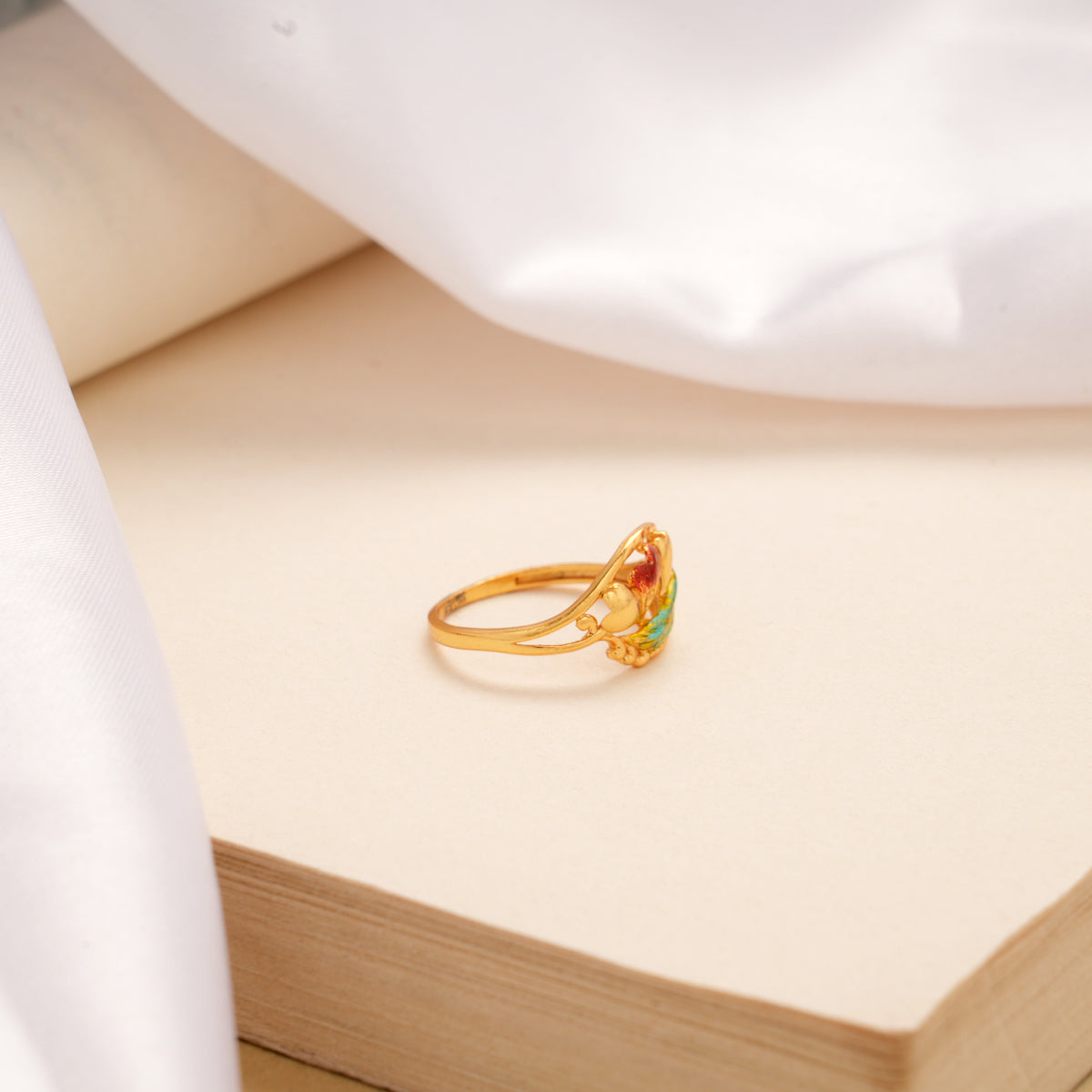 Elegant Curved Floral Enamel Golden Ring
