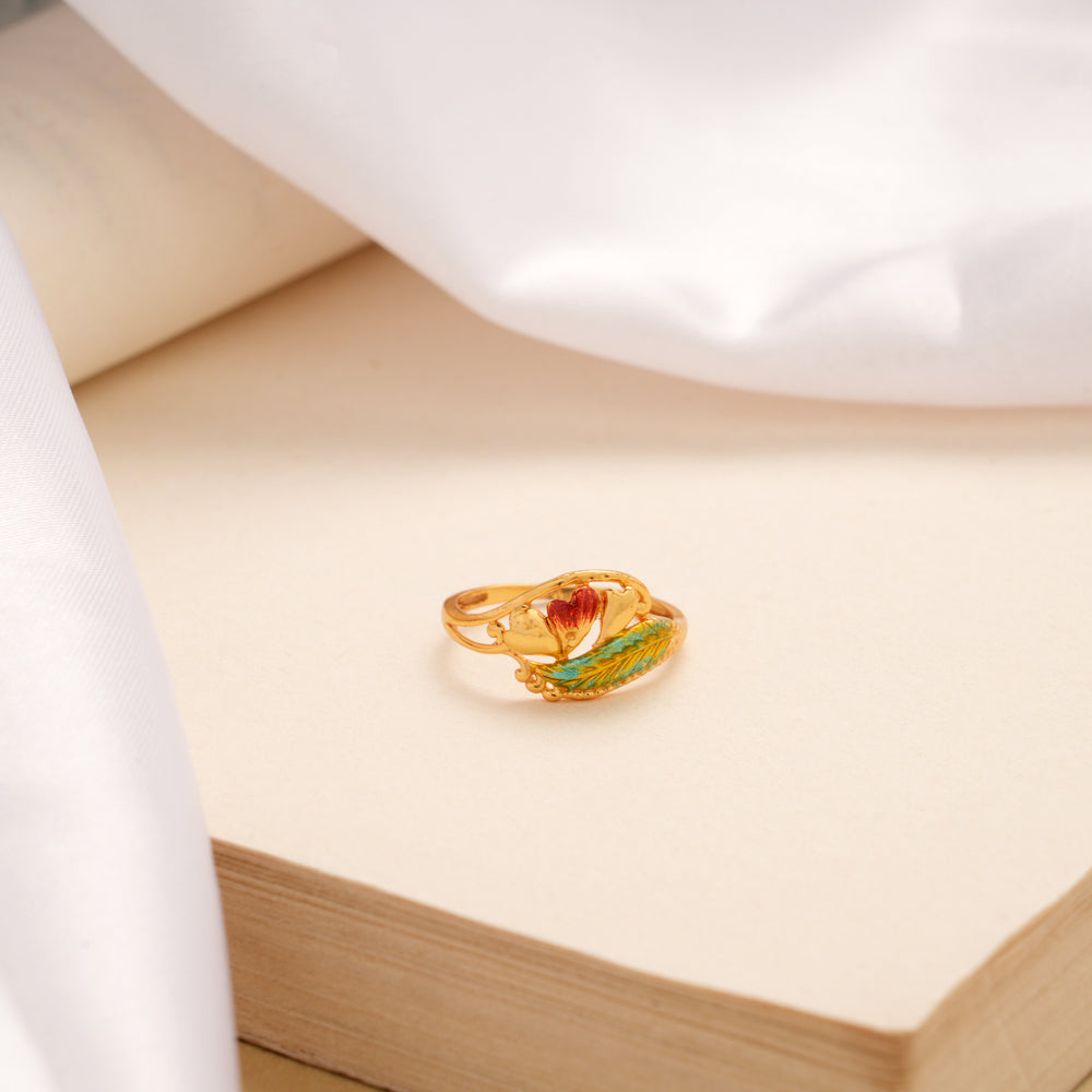 Elegant Curved Floral Enamel Golden Ring