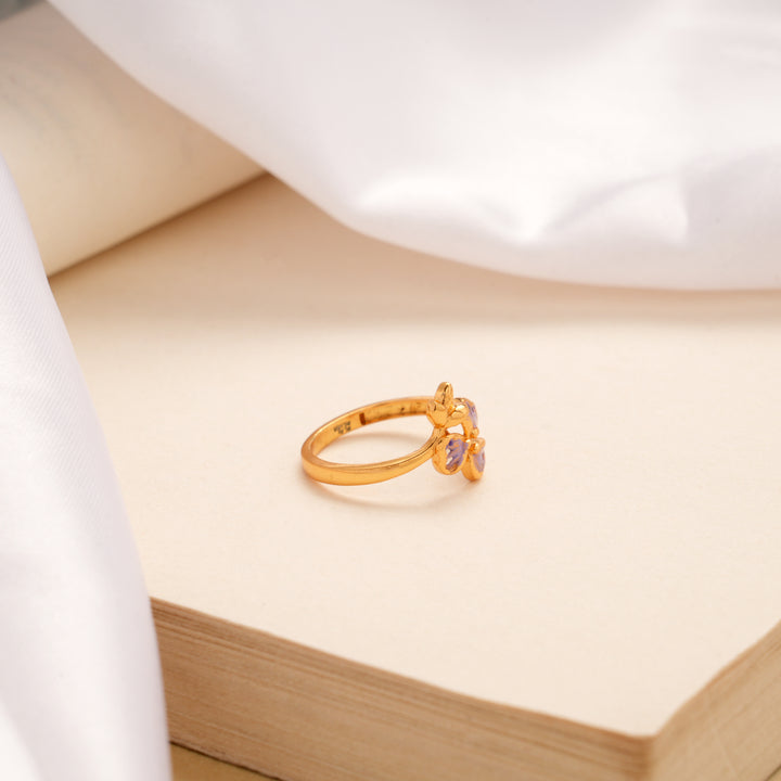 Elegant Purple Flower Design Golden Ring