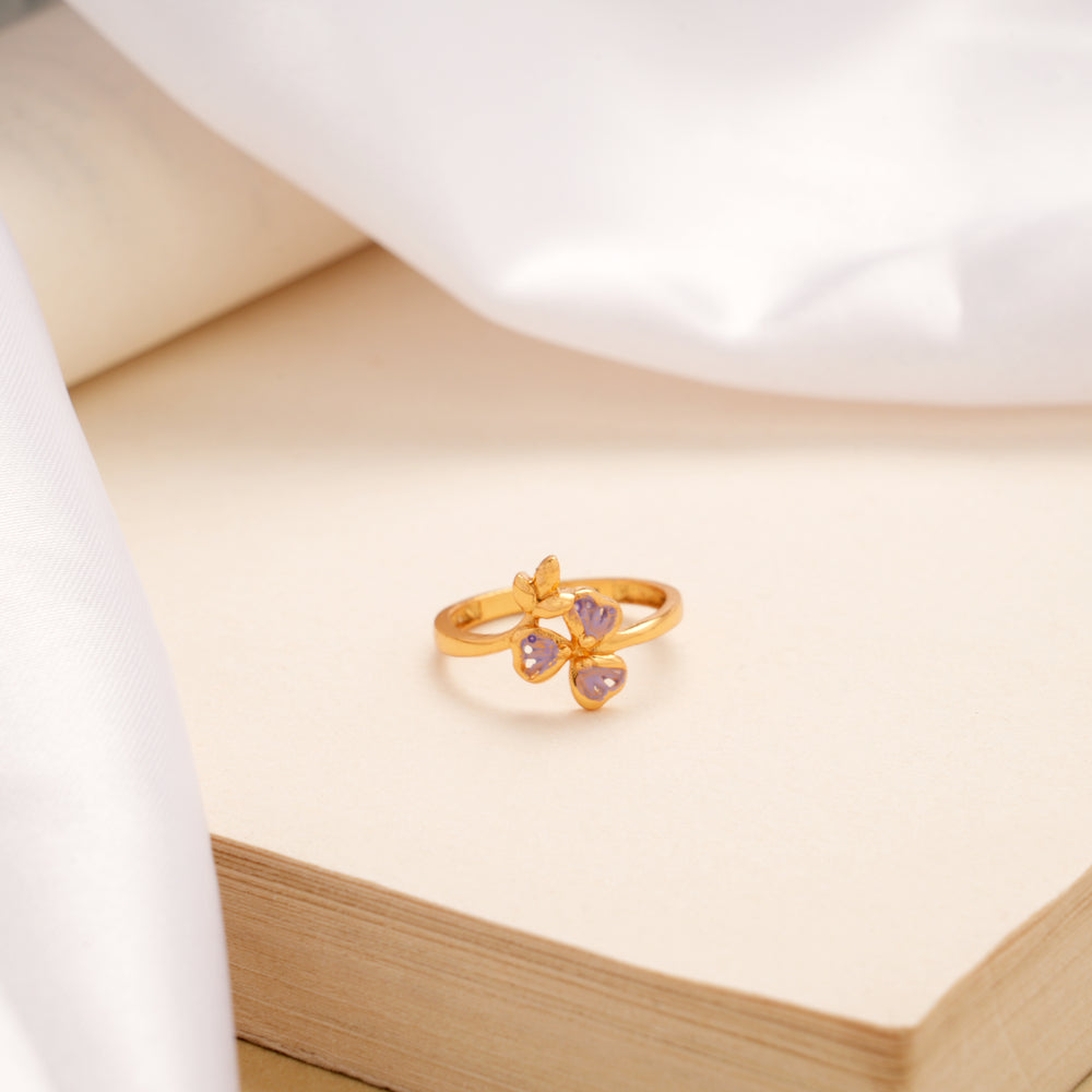 Elegant Purple Flower Design Golden Ring