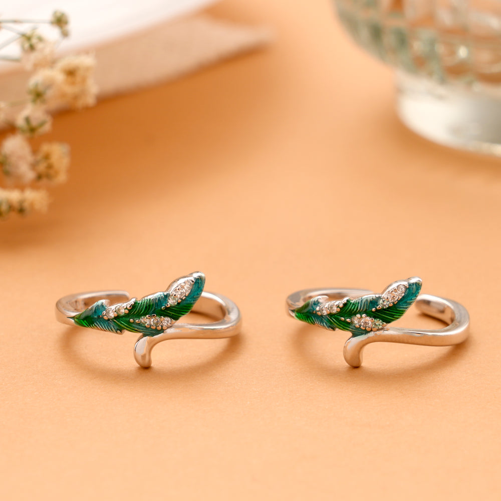 Green Feather Silver Toe Ring
