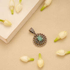 Oxidised Floral Emerald Silver Pendant