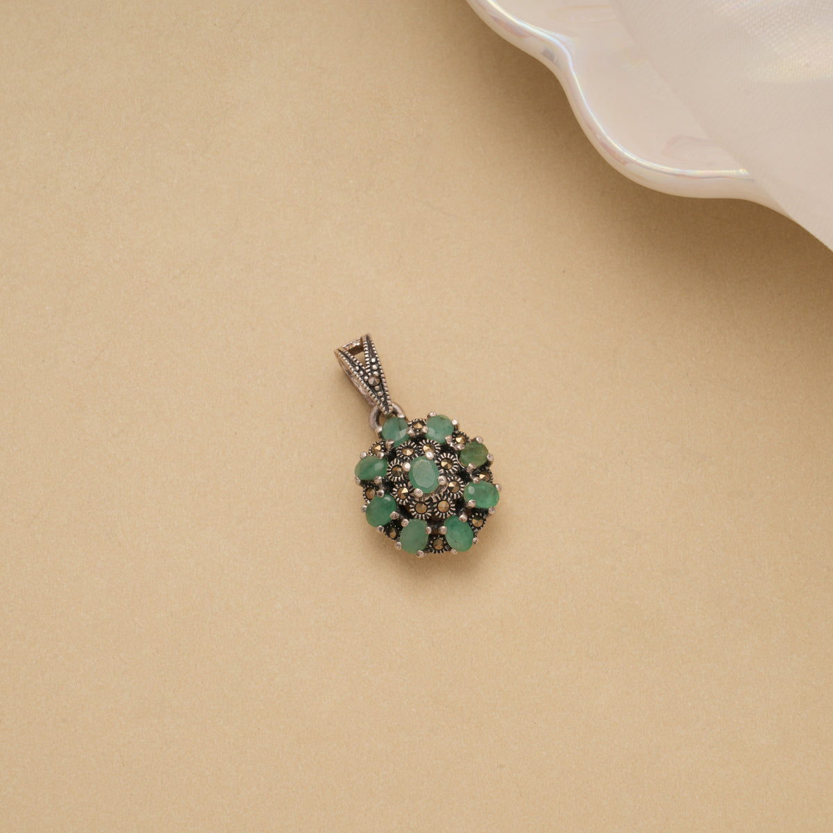 Antique Multi Green Stone Silver Pendant