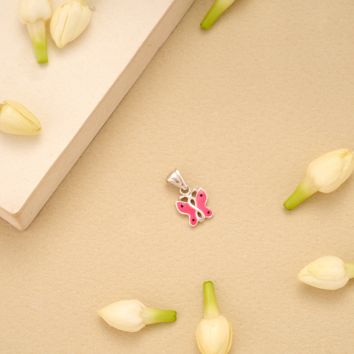 Cute Pink Enamel Butterfly Silver Pendant