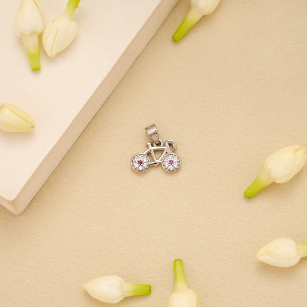 Trendy Bicycle with Pink Stone Silver Pendant