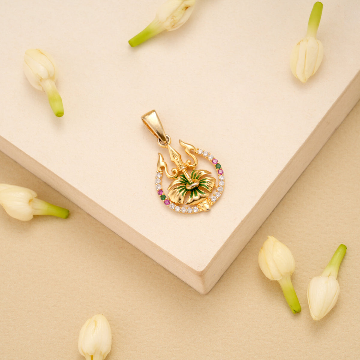 Elegant Hibiscus with Trisul Golden Pendant